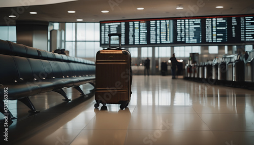 Travel suitcase luggage bag at the airport terminal waiting zone with airplane transportation waiting for departure voyage vacation tourism concept background photo