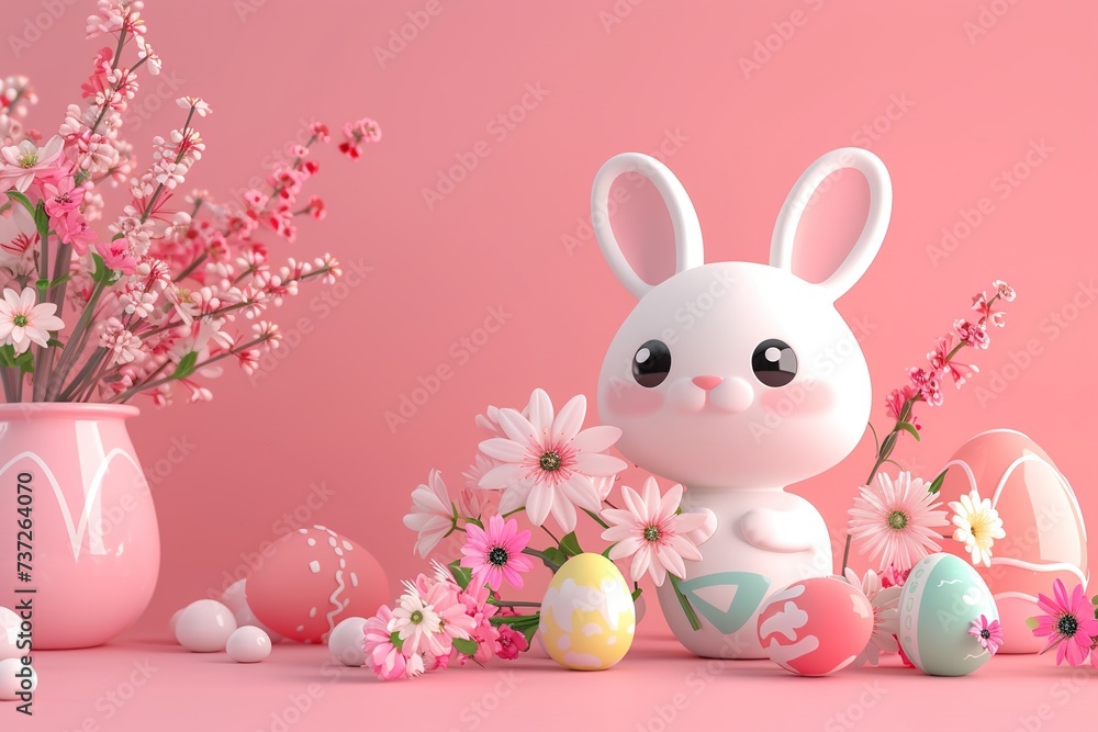 Obraz premium Adorable 3d Easter bunny with basket of eggs amidst spring blooms on pink background.