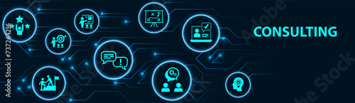 Consulting vector. Concept with icons related to advice and support, consultant and adviser, professional assistance for decision-making or negotiation or audit, analysis and consultation.