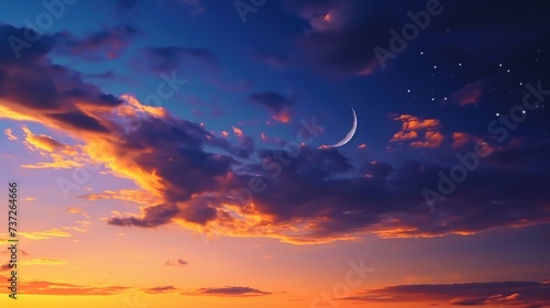 Sunset sky with crescent moon.