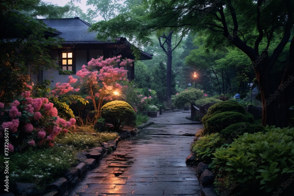 The tranquil ambiance of a garden at dusk