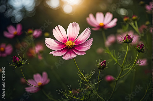 The beautiful cosmos flowers in a summer sunset day generative AI image. 