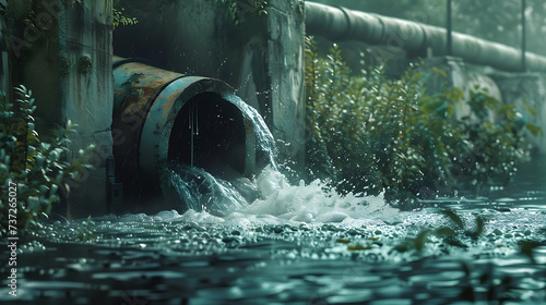 Draining sewage from pipe into river, pollution rivers and ecology, water pollution concept, environmental conservation. Generative AI illustration 