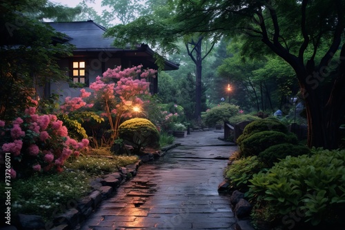 The tranquil ambiance of a garden at dusk