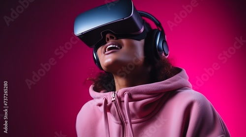 female playing video games with virtual reality headset, Generative ai © Deep Ai Generation