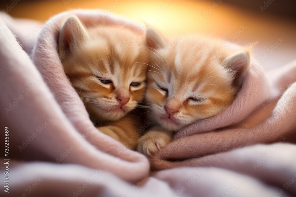 Twin kittens cuddling on a cozy blanket