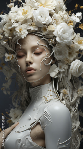 abstract 3d fantasy image of a women wearing flowers and leaves_4. Vertical. Aspect ratio 9:16
