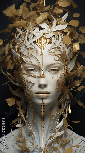 abstract 3d fantasy image of a women wearing metallics and leaves_4. Vertical. Aspect ratio 9:16