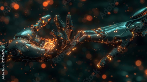 In the era of artificial intelligence and machine learning, hands of humans and robots touching on huge data networks, information exchange, deep learning, and science, artificial intelligence