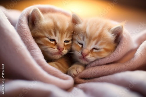 Twin kittens cuddling on a cozy blanket © KerXing