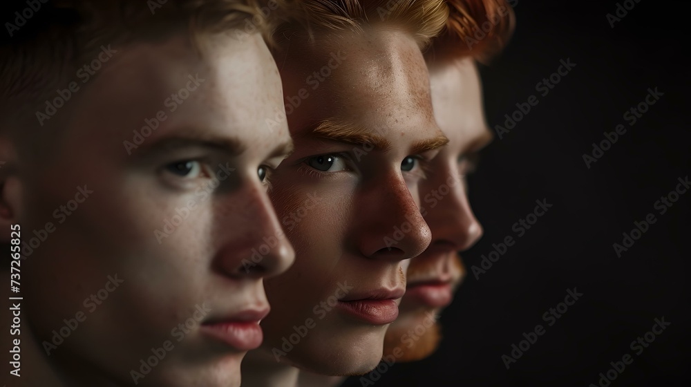 Artistic portrait of three identical men with a focus on the profiles. modern, thought-provoking, and stylish image. perfect for conceptual art. AI Artistic portrait of three identical men with a focus on the profiles. modern, thought-provoking, and stylish image. perfect for conceptual art. AI