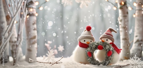 In a woodland setting, a duo of endearing birds, elegantly accessorized in hats and scarves, collaboratively showcases a festive Christmas wreath against the backdrop of slender birch trunks