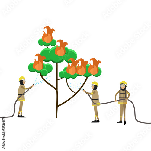 Firefighter team extinguishing burning tree vector icon isolated on white