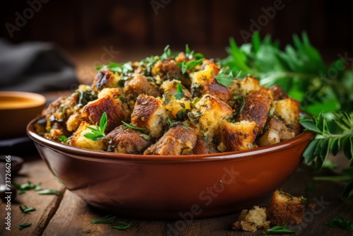 A bowl of homemade stuffing with herbs and sausage