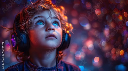 In the studio, a young boy listens to music. The red and purple background serves as a background to the portrait of the child wearing headphones.