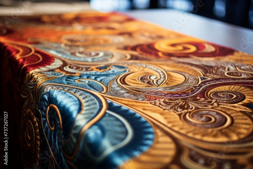 A close-up of a table runner with intricate patterns