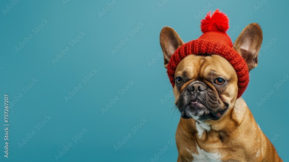 An adorable dog celebrates with a red party hat and blowout against a blue background, along with a copy space on the side. - obrazy, fototapety, plakaty 