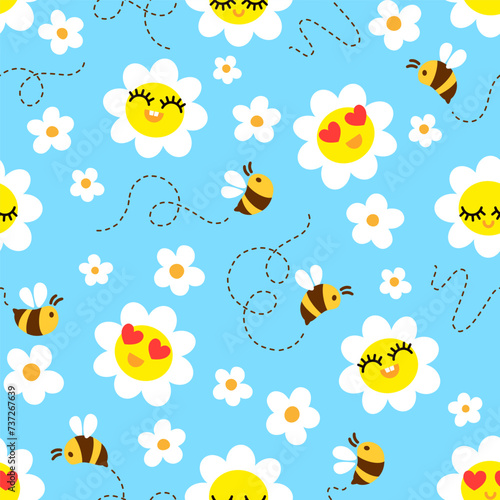 Bees on blossom meadow. Hand drown seamless vector pattern design