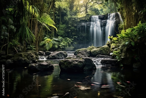 A dramatic reflection of a majestic waterfall framed by lush greenery