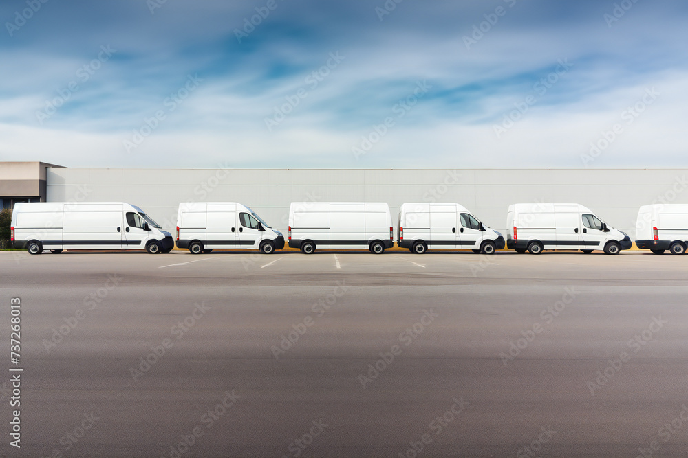 A transportation company, delivering goods. Row of parked white commercial delivery vans transport