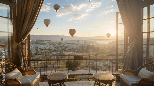 view from balcony bedroom. Vacations in beautiful destination. Colorful hotel terrace with carpets and chair. Flying air balloons. Medieval travel leisure.