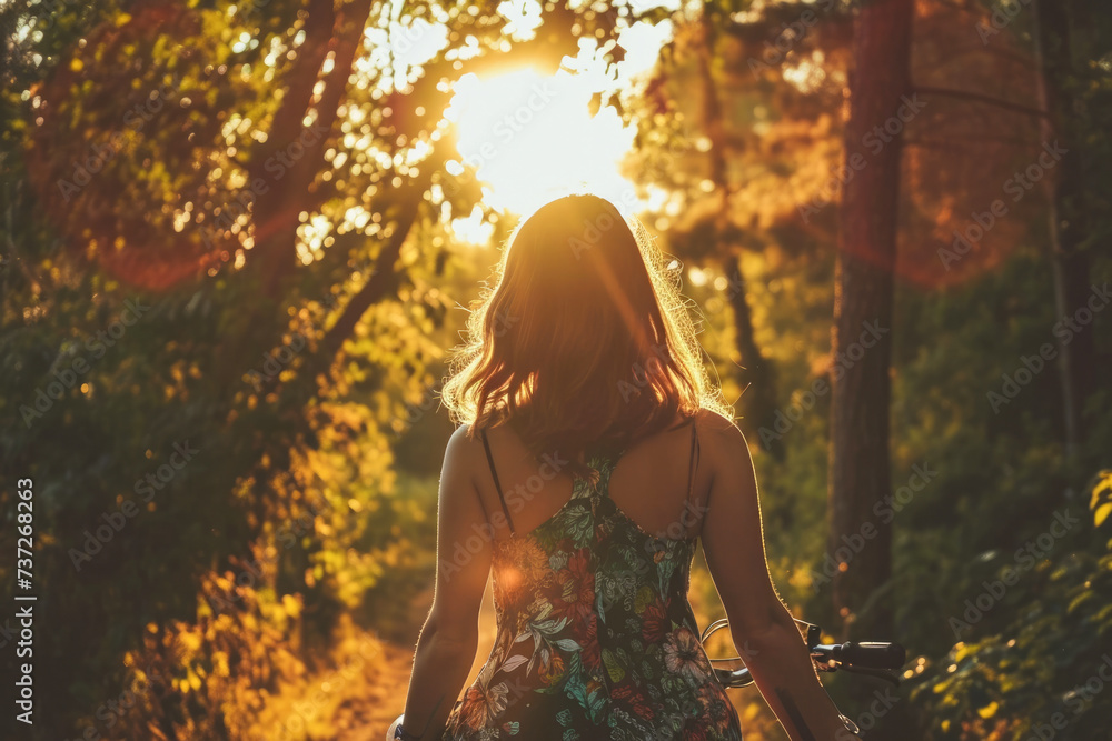 Young woman riding a bicycle in the forest at sunset. Back view.
Young woman riding a bicycle in the forest at sunset. Back view.