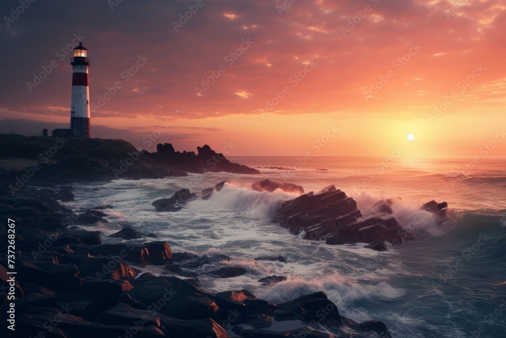 A lighthouse in the distance during a coastal sunrise