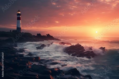 A lighthouse in the distance during a coastal sunrise © KerXing