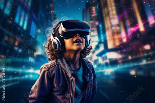 This is a fantastic photo with a boy wearing a VR helmet and headphones, taken in a night city. For entertainment and technological use and conveys the mood of energy and dynamics