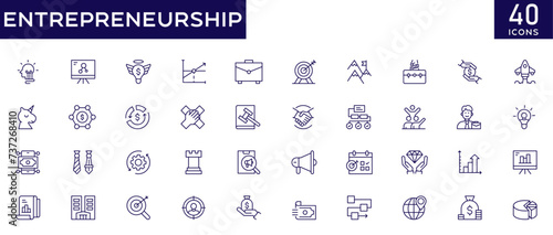 Entrepreneurship icon set with fully editable stroke thin line vector illustration with enterprise, startup activity, innovation, business, leadership, small business management, creativity, spirit