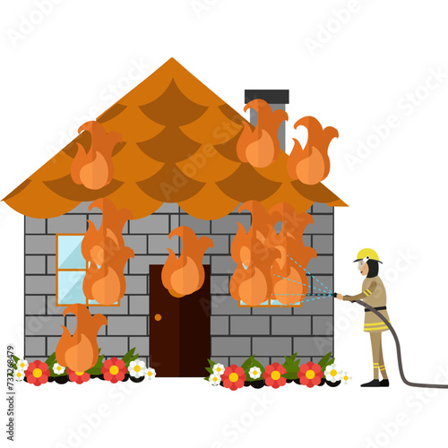 Firefighter extinguishing burning house vector icon isolated on white