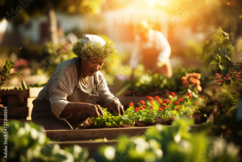 Old grandmother tends to her garden and plants flowers and vegetables on summer day. Gardening. Cinematic light. © SerPak