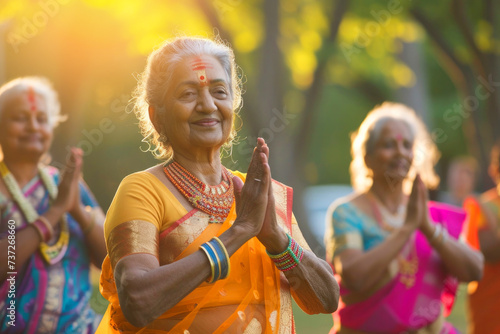 A group of elderly Indian women do yoga and stretch in nature at a local park.