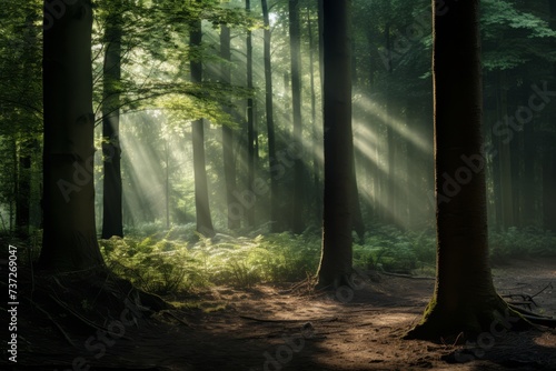 A photograph showcasing the enchanting play of light and shadow in a forest