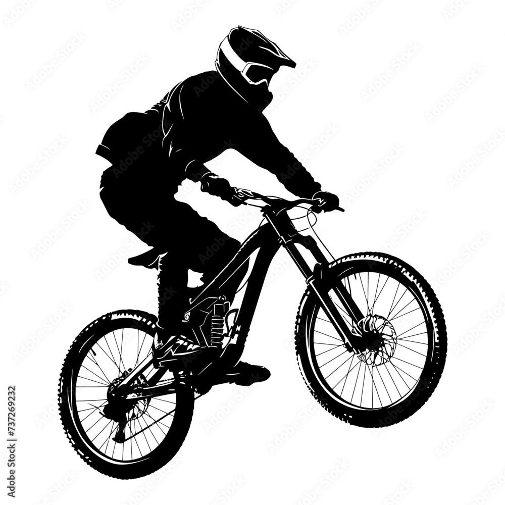 Silhouette mountain bike jumps in the air black color only Silhouette mountain bike jumps in the air black color only