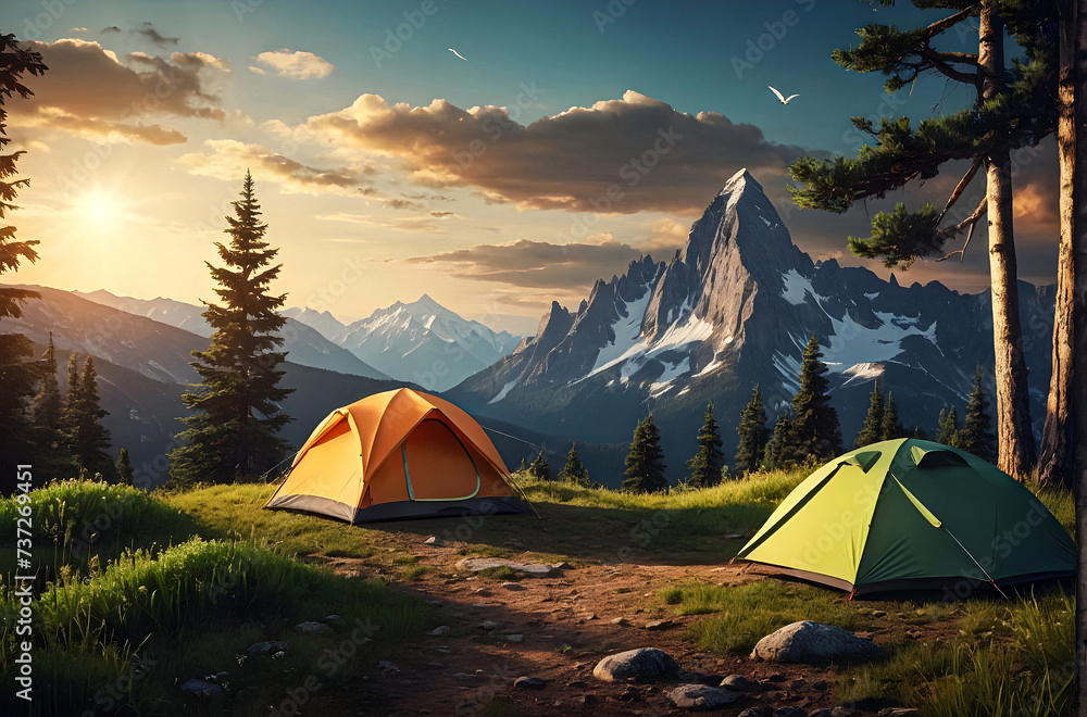 Beautiful Summer tourist tent camping of a mountain generative AI image.
