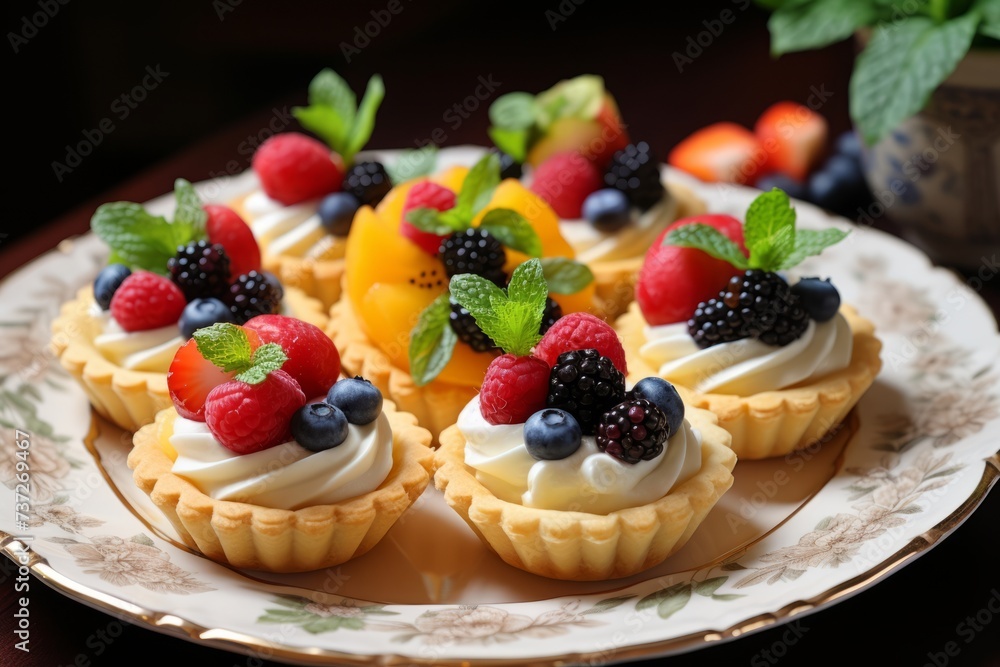 A plate of fresh fruit tartlets with pastry cream A plate of fresh fruit tartlets with pastry cream