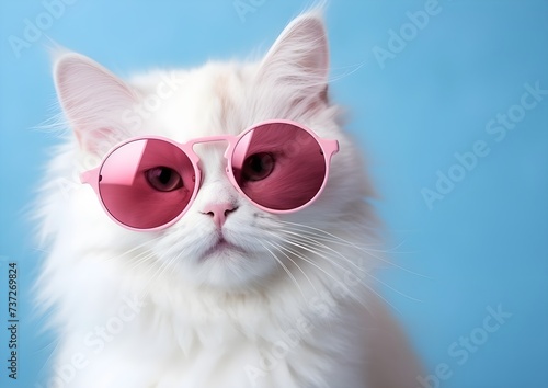 cat in pink glasses on blue background generative ai © Mehak