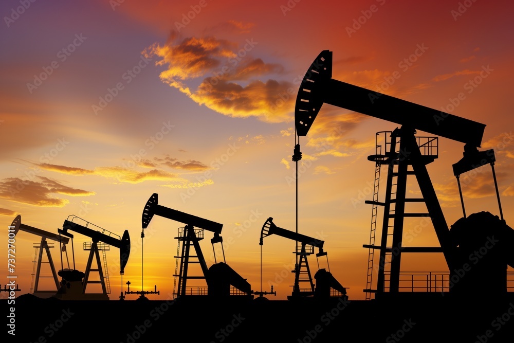 Oil pumps silhouetted against a sunset