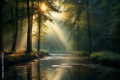 A scenic view of light streaming through misty forests  creating a dreamlike atmosphere