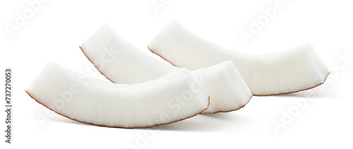 Three beautiful fresh coconut pieces or slices on white background