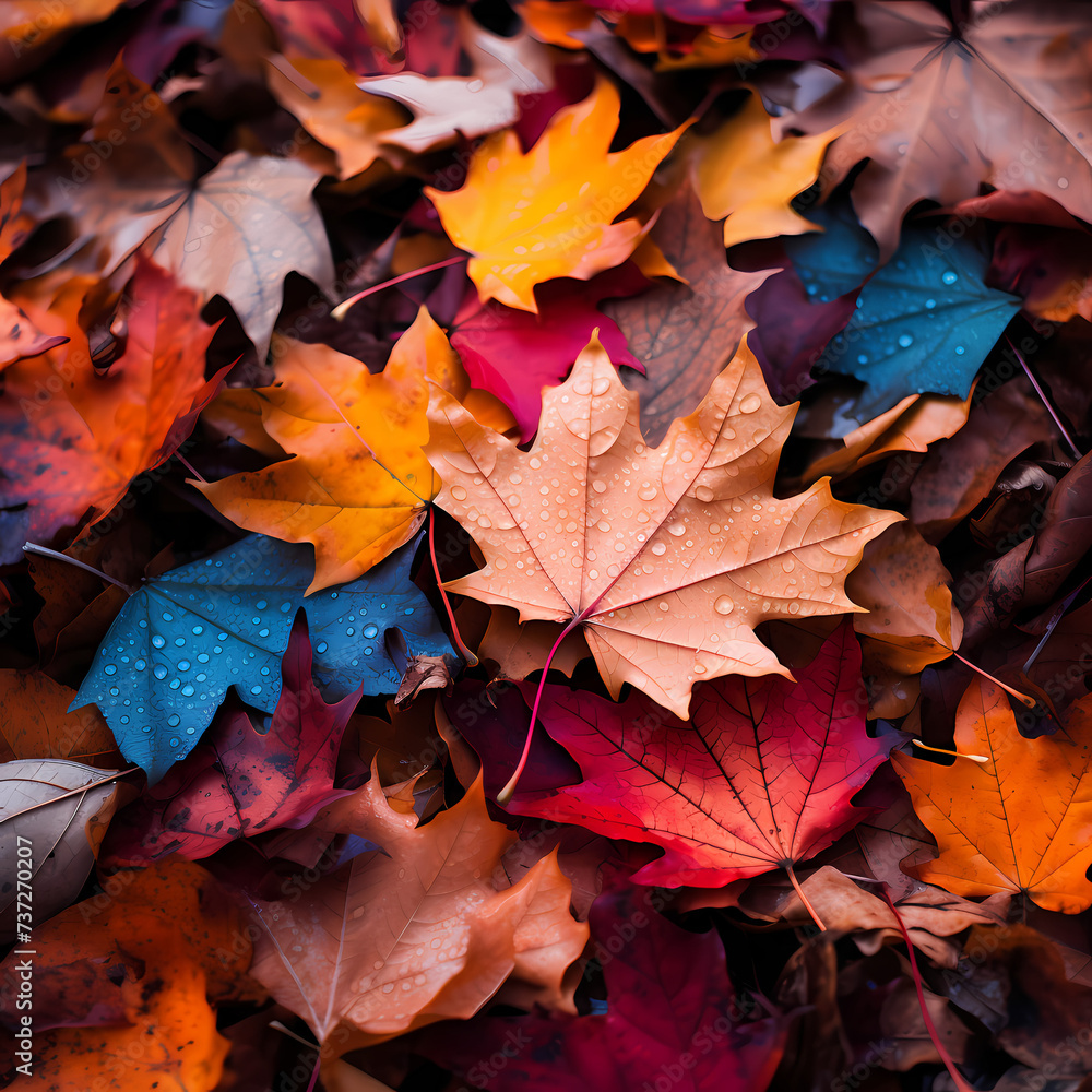 Colorful autumn leaves on a forest floor. 