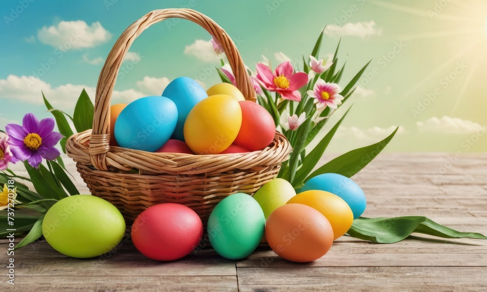 Blooming Easter: Vibrant Eggs Nestled in a Basket, Creating a Springtime Wallpaper Extravaganza