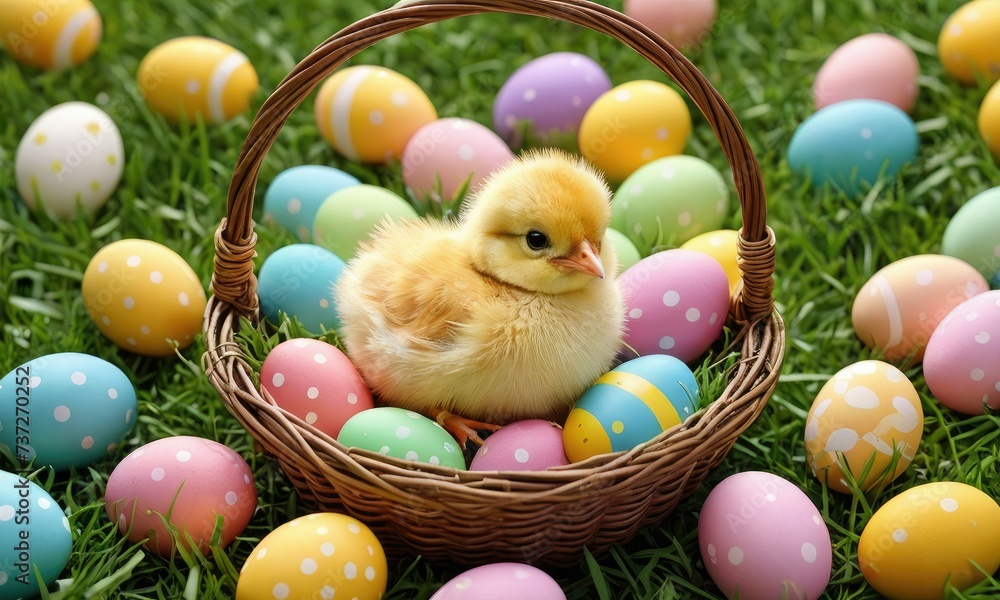 Easter Mosaic Magic: Bright Eggs Nestled in a Basket with cute chick, Creating a Captivating Spring Wallpaper