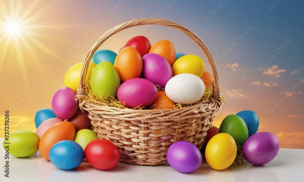 Festive Easter Bouquet: Basket Overflowing with Vivid Color Eggs on a Spring Background Festive Easter Bouquet: Basket Overflowing with Vivid Color Eggs on a Spring Background