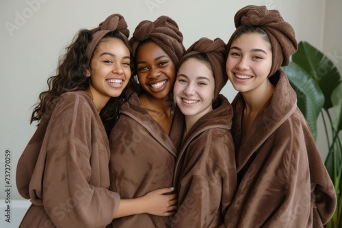 Multiethnic Female Friends in Spa Robes Enjoying a Joyful Gathering