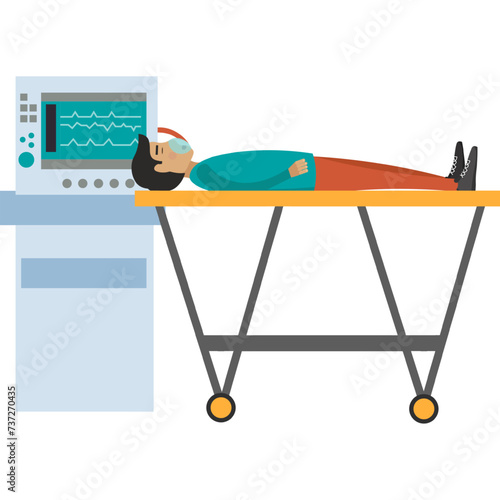 Patient in intensive care, first aid and saving life vector icon isolated on white