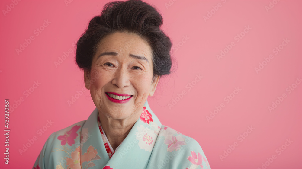 Japanese old woman in kimono smiling and looking at camera. Generative AI. Japanese old woman in kimono smiling and looking at camera. Generative AI.