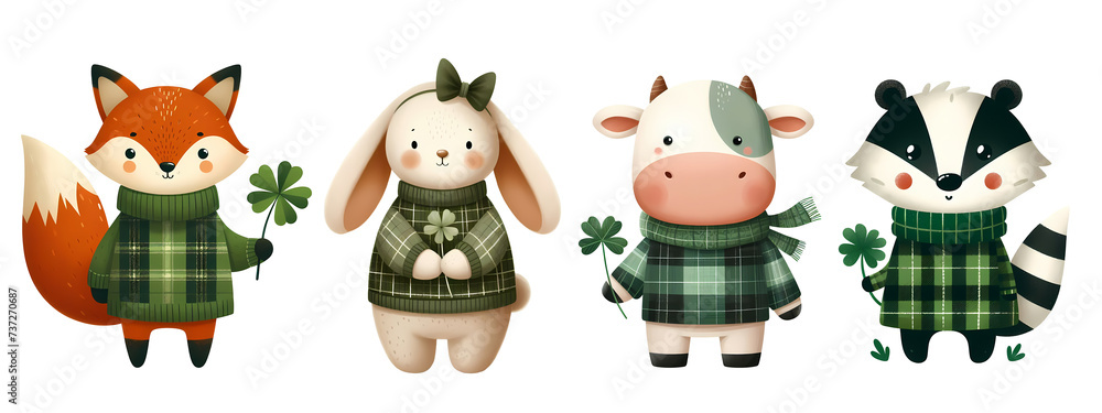 Fototapeta premium Cute cartoon Fox, rabbit, cow, badger in St. Patrick's Day outfit wearing green plaid sweater, organic shapes, holding a clover leaf, transparent background