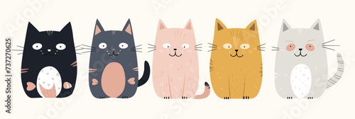 image displays row five cute cartoon cats smiling vector illustration